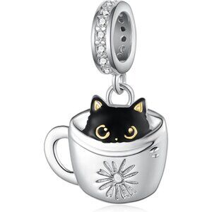 Black Cat Charm Sterling Silver Cute Jewelry Gift for Women
